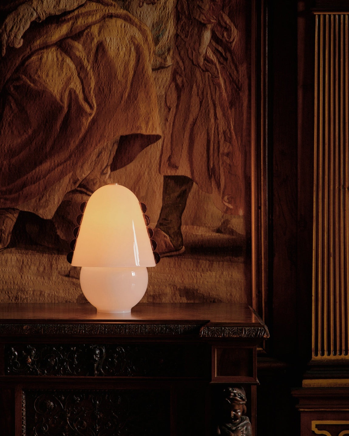 Calla Table Lamp // Medium // Opaline with Amber Embellishments // Photo by William Jess Laird