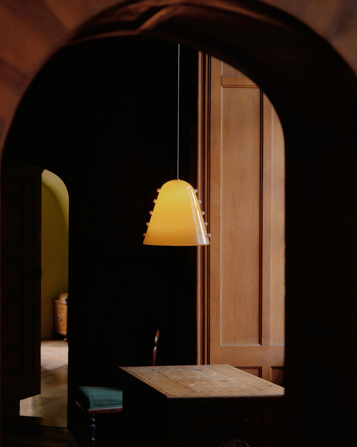 Gemma Pendant // Large // Pistachio with Lilac Embellishments / Patina Brass // Photo by William Jess Laird