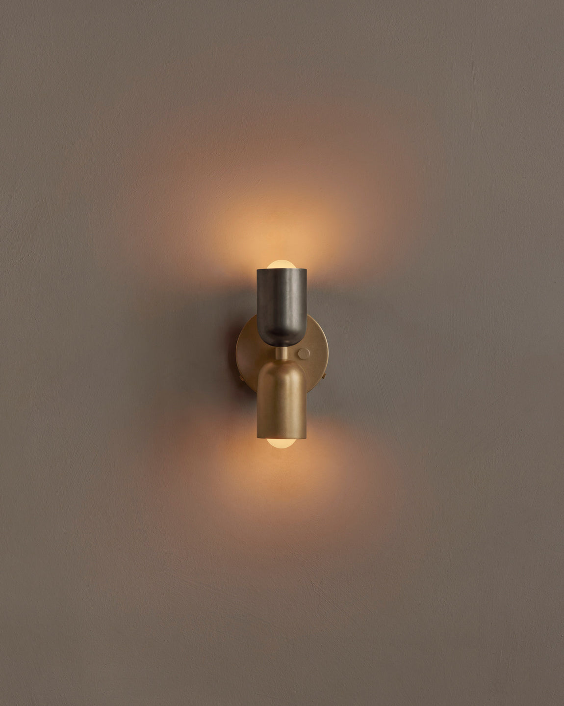 Brass Up Down Sconce – Pewter / Brass / Brass / Hardwire, right dimmer switch