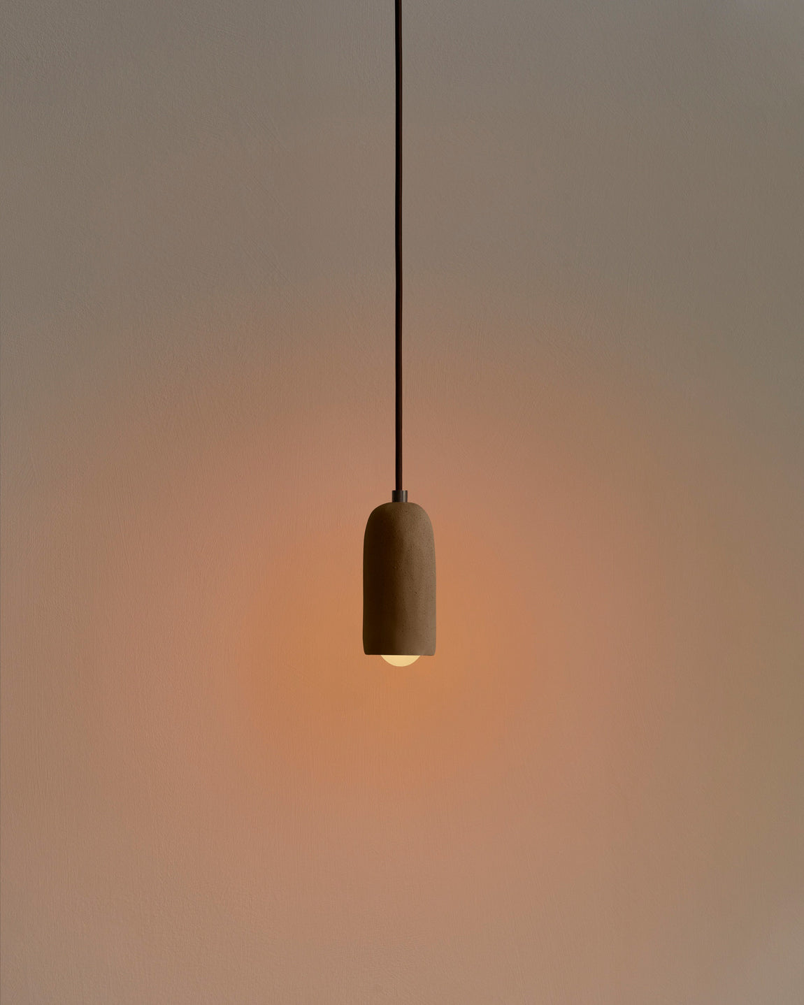 Ceramic Spot Pendant – Tan Clay / Patina Brass / Fixed Stem / OAH 132"